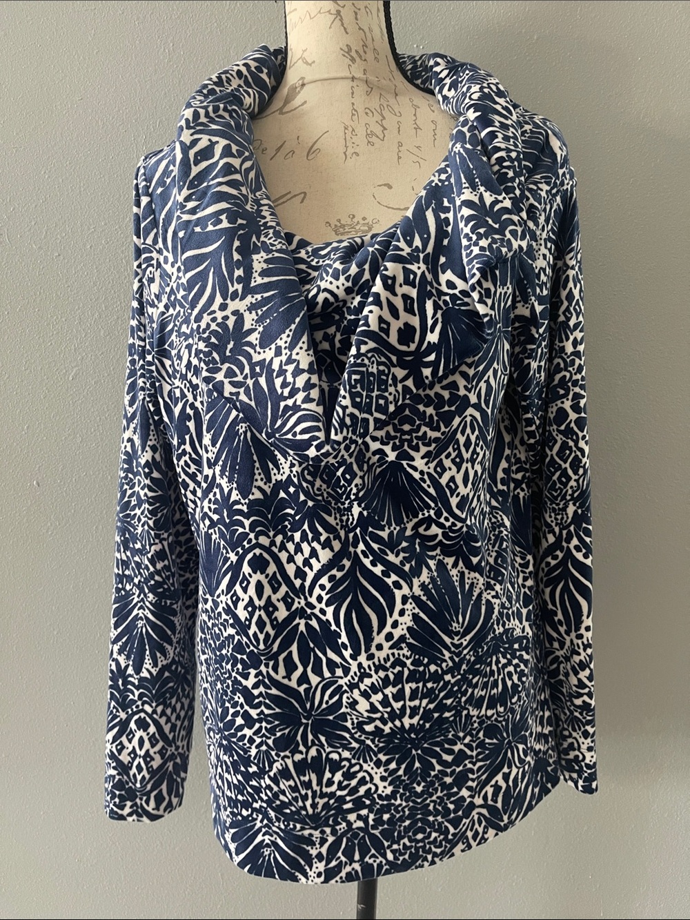 Lilly Pulitzer Navy and White Cowl Neck Printed Top